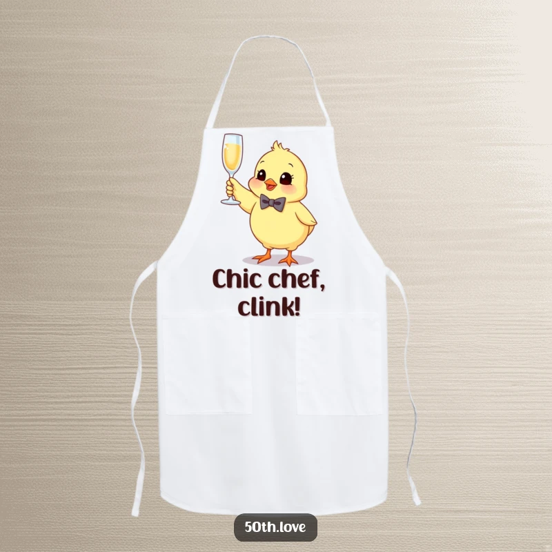 Funny chick apron with a bow tie, bouncing and holding a champagne flute, ready to celebrate with food.