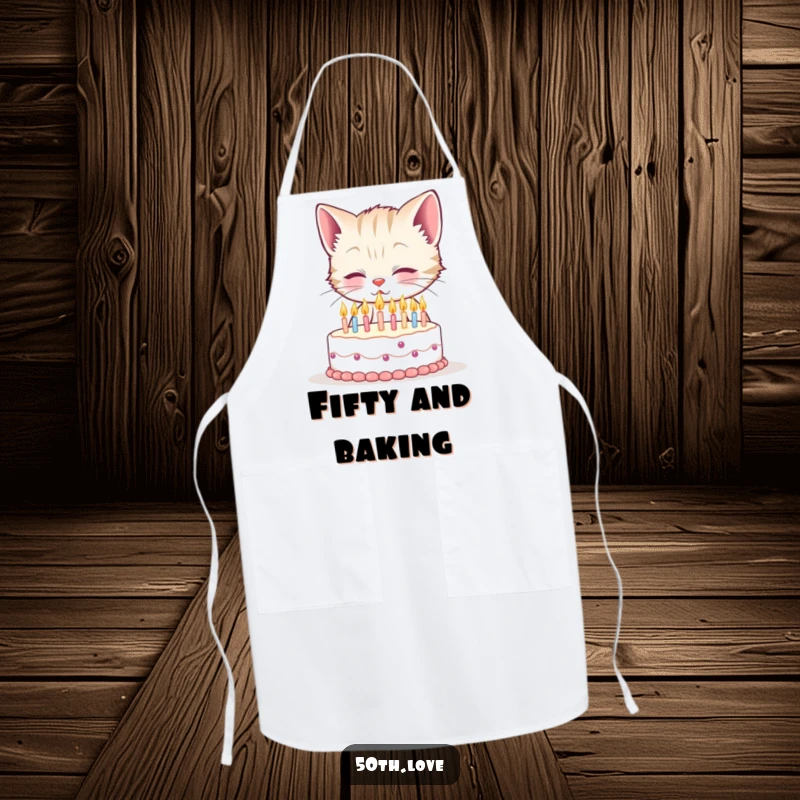 Funny 50th birthday apron featuring a smiling kitten attempting to blow out fifty tiny candles on a minuscule cake, for humorous kitchen tasks.