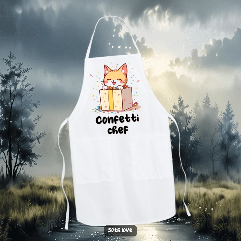 Funny apron showing a cheerful cat character excitedly opening a large gift box spewing confetti.