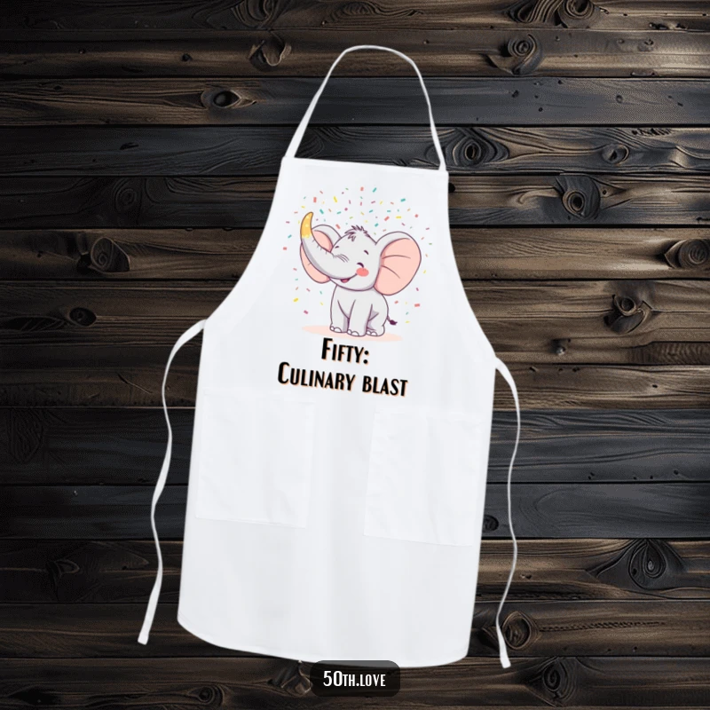 Funny chef apron showing a happy elephant trumpeting confetti from a horn shaped like the number 50.