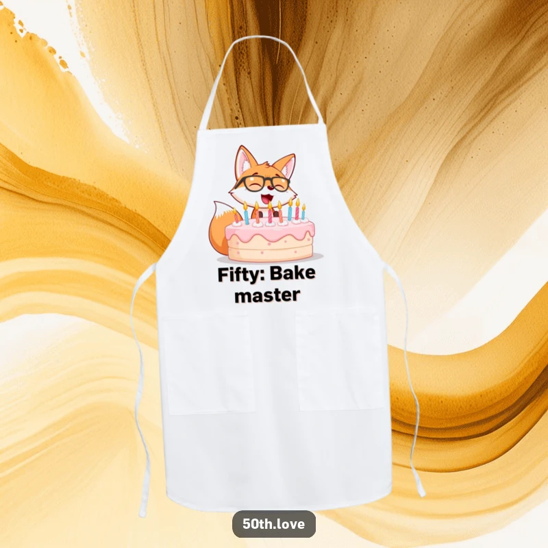 Funny chef apron featuring a giggling fox wearing spectacles, blowing out candles on a big birthday cake.