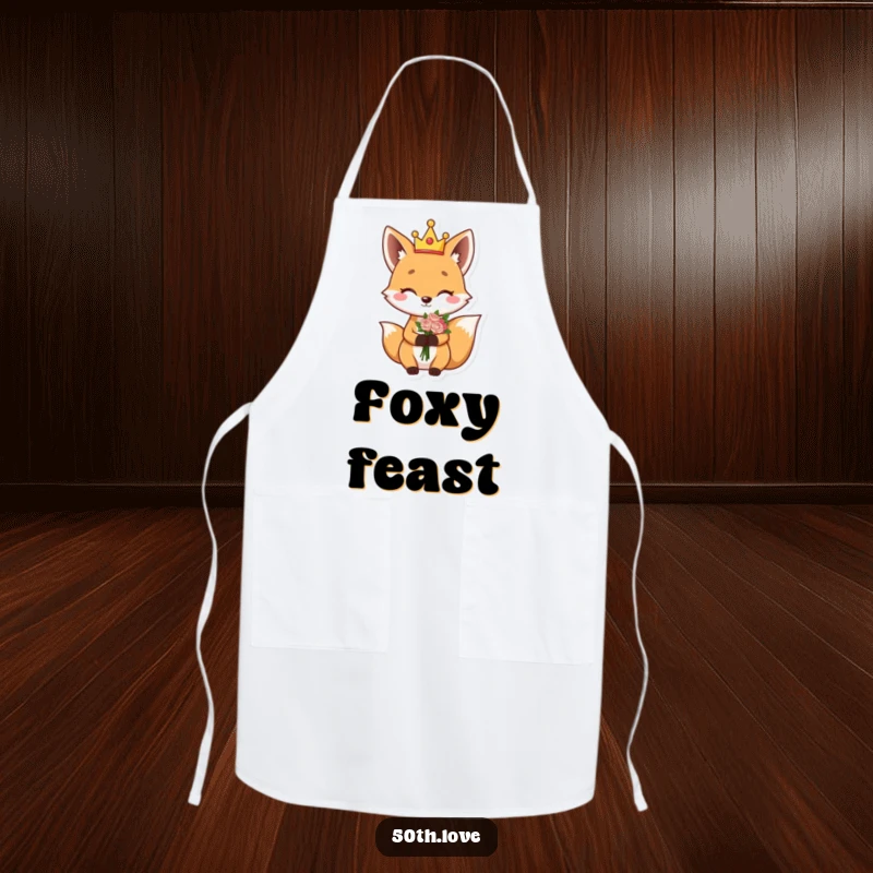 Funny apron depicting a giggling fox wearing a silly crown, winking, and holding a flower bouquet.