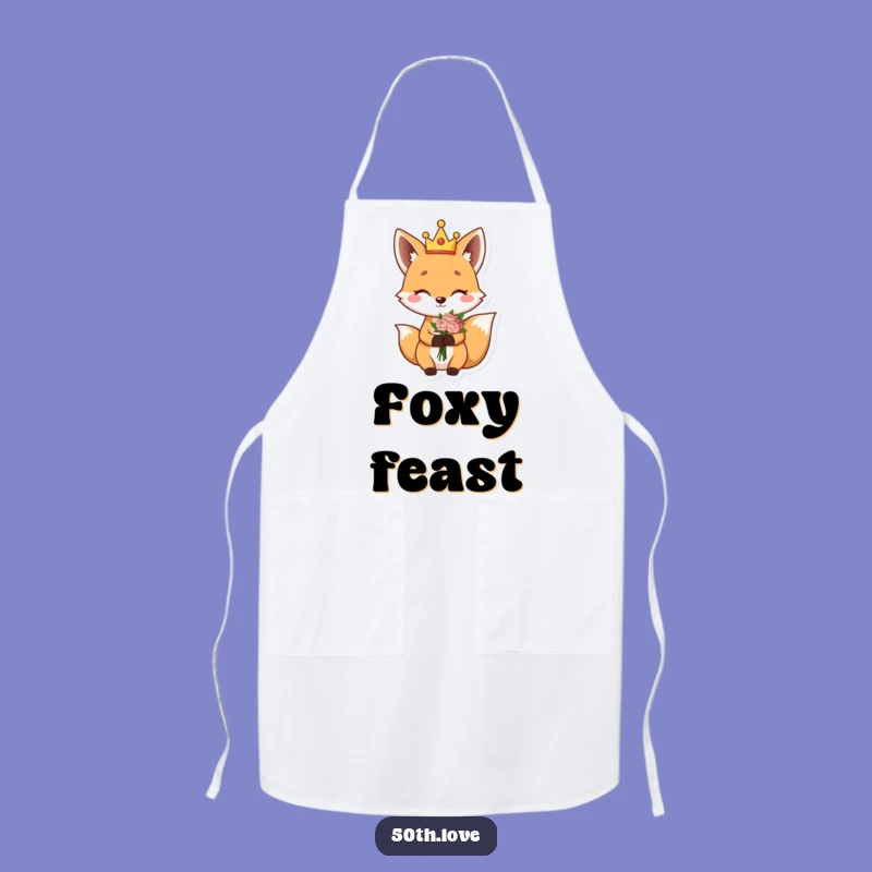 Funny Fox King Apron: Giggling Character Winks Holding Flower Bouquet Kitchen Wear