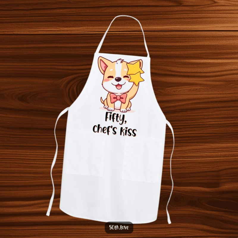 Funny dog wearing a bow tie winks and holds a golden star on a cooking apron, perfect for a star-themed birthday.