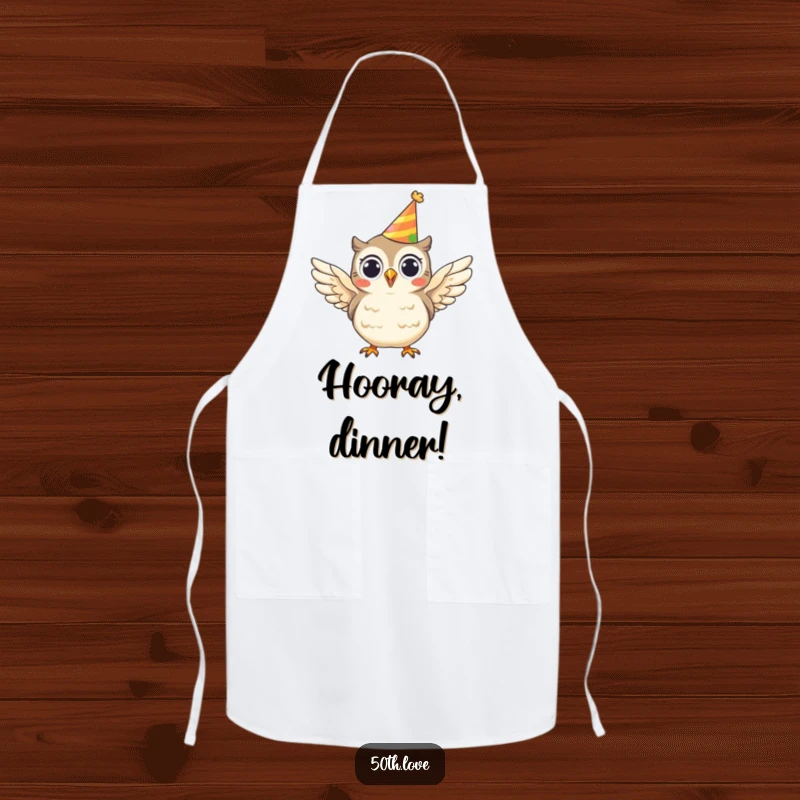 Funny apron showcasing a cheerful owl wearing a party hat and flapping its wings, ideal for a humorous cooking experience.