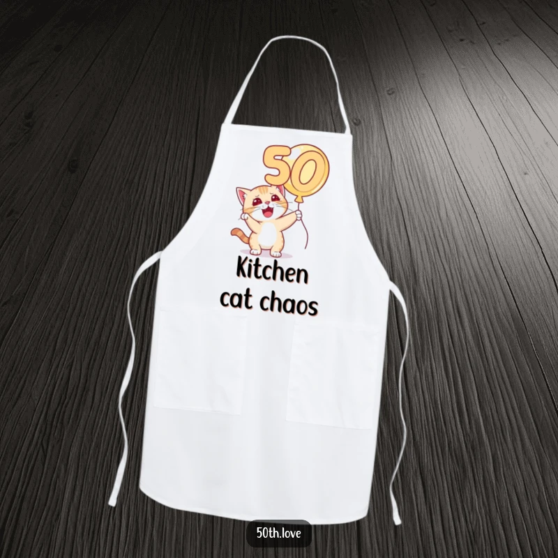 Funny 'Cat 50th Birthday' Apron: A mischievous cat bats at a golden number 50 balloon, ready for some kitchen fun.
