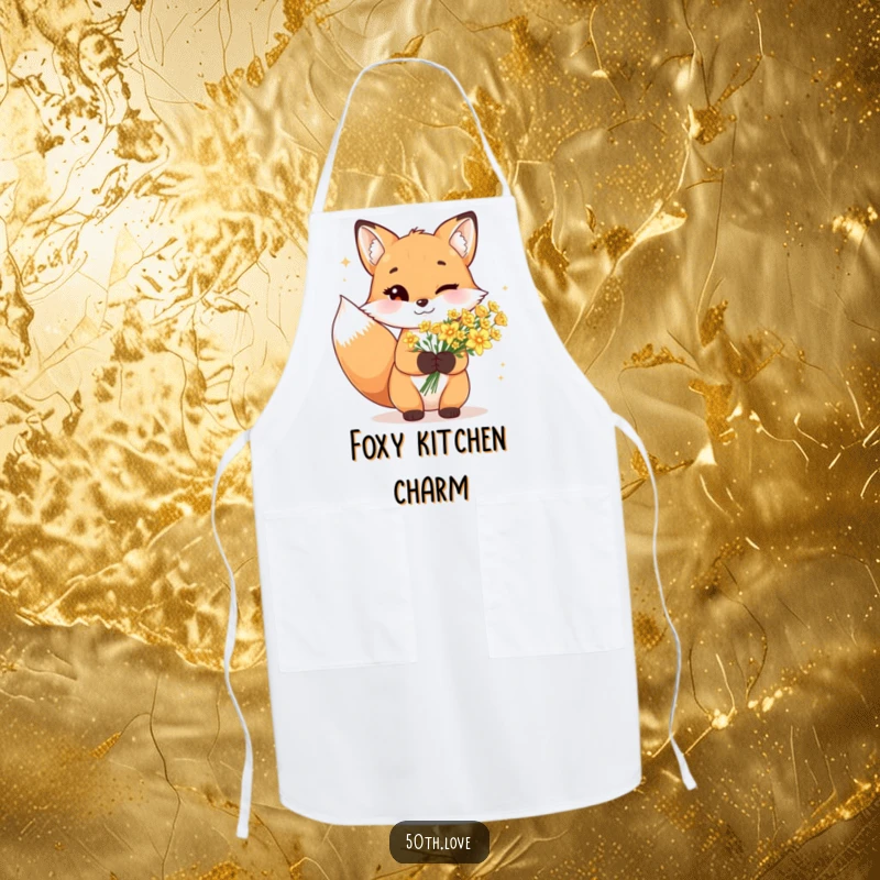 Funny fox apron with a cheerful wink, holding a bouquet of sparkling golden flowers, ready to cook with flair.