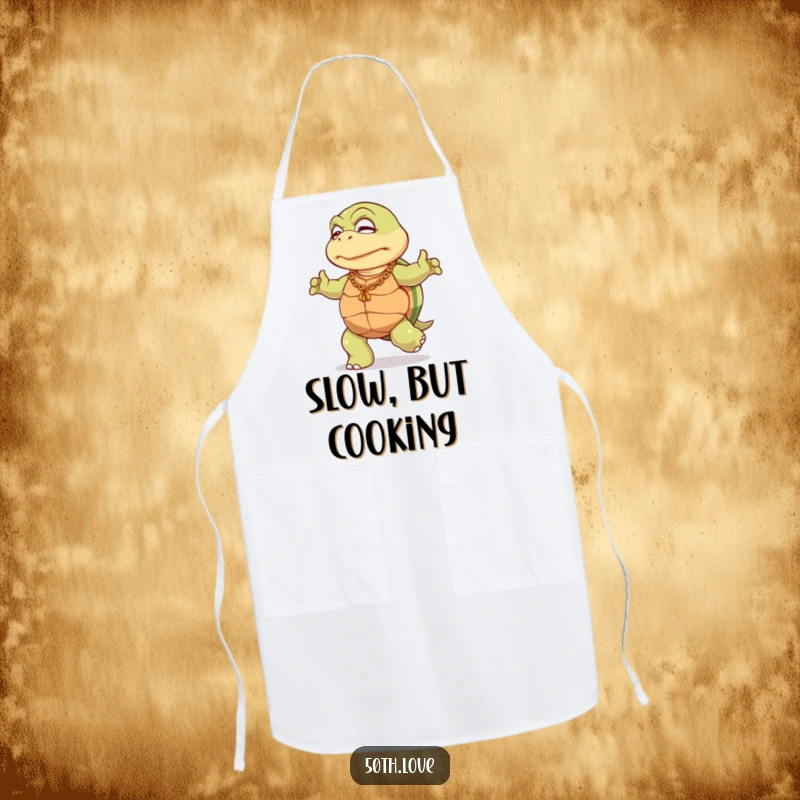 Funny 50th birthday apron featuring an elderly turtle in a gold chain, doing a slow, dignified dance, for humorous kitchen tasks.