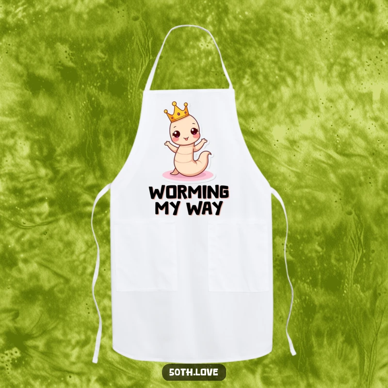 Funny birthday apron with a crowned worm dancing around a cake, perfect for humorous baking and celebrating.