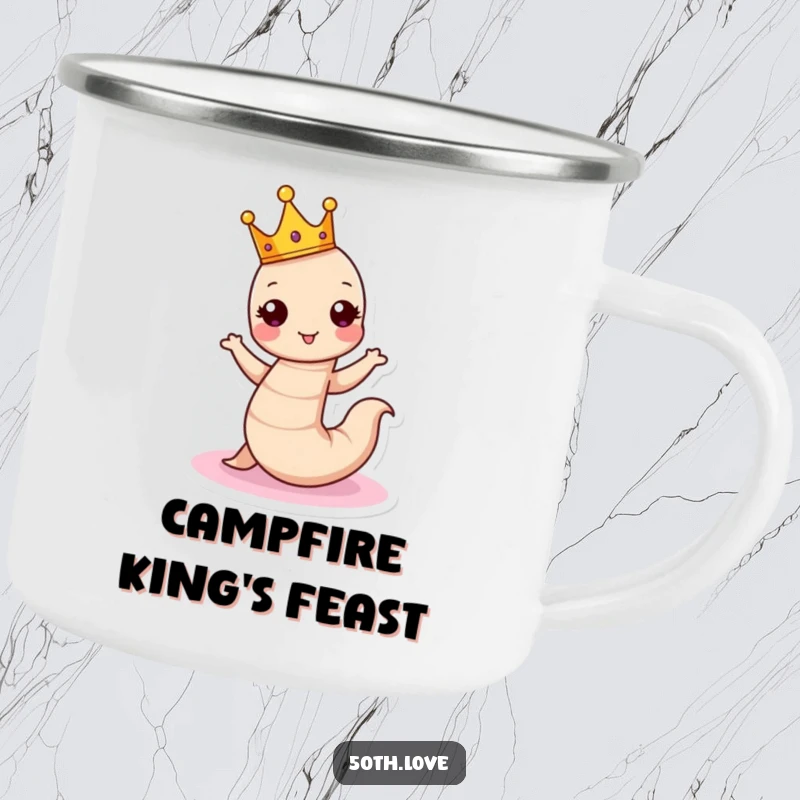 Funny birthday camping mug with a crowned worm dancing around a cake, perfect for outdoor celebrations and warm drinks.
