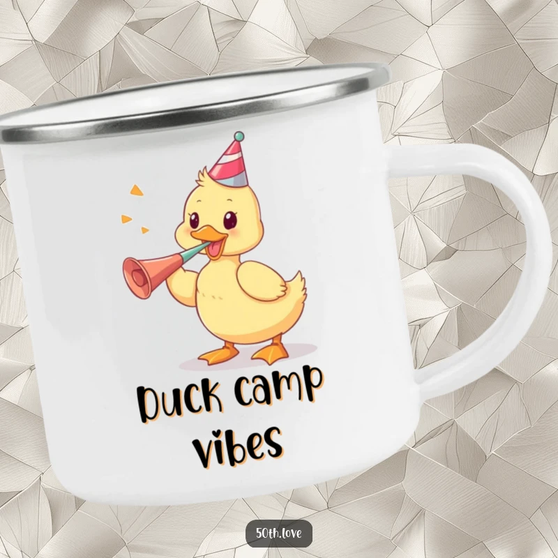 Funny camping mug showing a playful duckling vigorously blowing a party horn, perfect for outdoor celebrations and energetic fun.