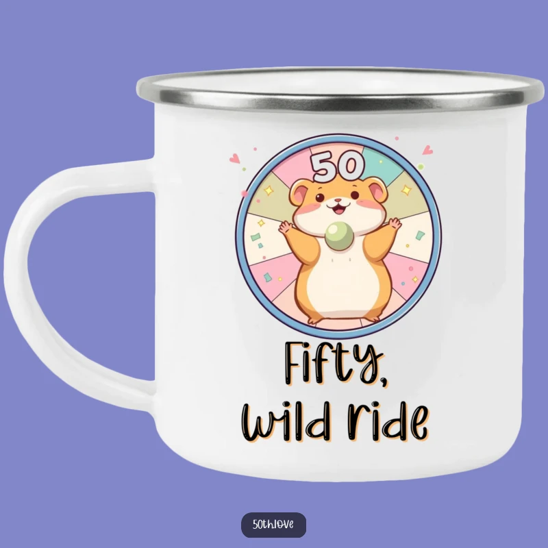 Durable Funny Hamster '50' Wheel Camping Mug - Your Energetic Brew Buddy!