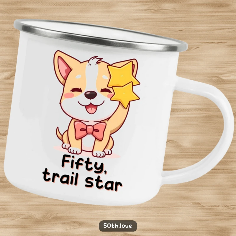 Funny dog wearing a bow tie winks and holds a golden star on a rugged camping mug, for star-themed outdoor birthday fun.