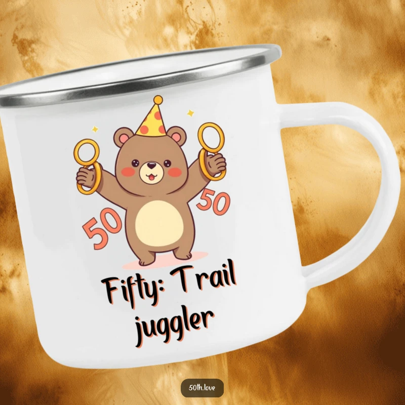 Funny camping mug featuring a bear in a party hat juggling five golden rings, celebrating a 50th birthday.