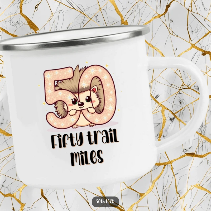 Funny camping mug with a chubby hedgehog peeking out from behind a sparkling number 50, for outdoor celebrations.