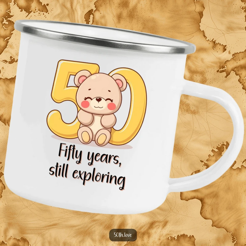 Funny '50th Birthday Bear' Camping Mug: A plush bear winks from a golden number 50, perfect for outdoor celebrations and warm drinks.