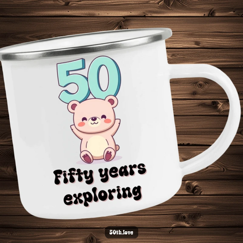 Funny 50th birthday camping mug showing a bear balancing the number 50 on its head, ideal for outdoor enthusiasts.