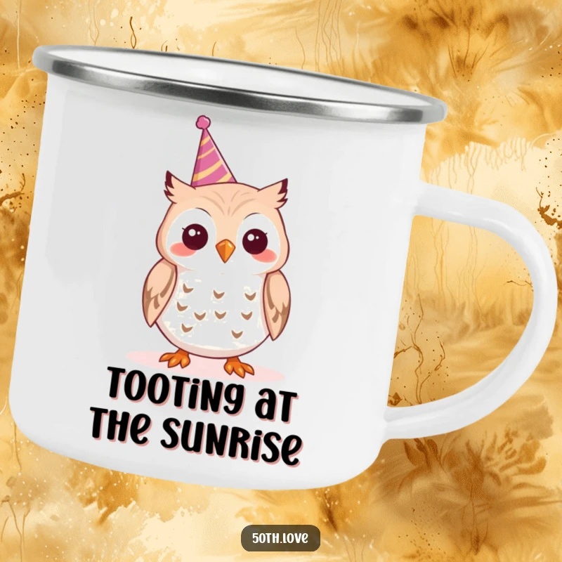 Funny 'Party Owl' Camping Mug: A cheerful owl toots a tiny party horn, perfect for outdoor celebrations and warm drinks.