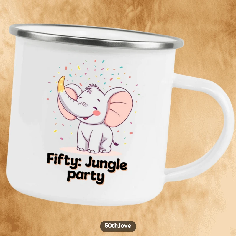Funny camping mug with a happy elephant blasting confetti from a giant horn shaped like the number 50.