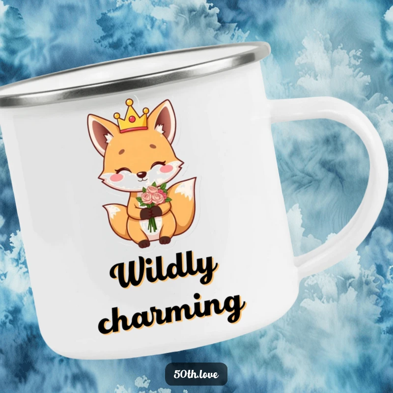 Funny camping mug with a giggling fox in a silly crown, winking and holding a flower bouquet.