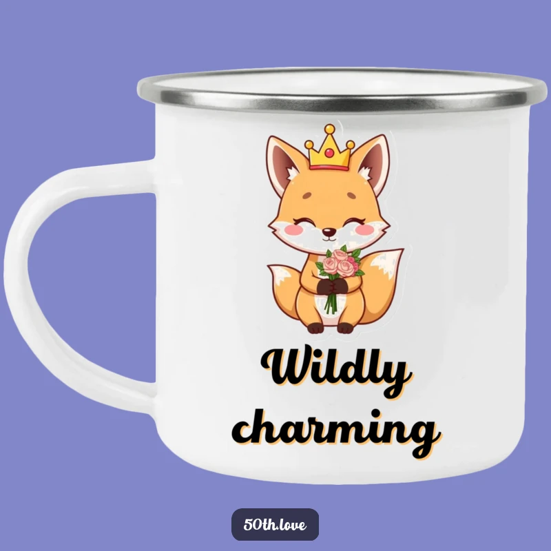 Funny Fox King Camping Mug: Giggling Character Winks Holding Flower Bouquet Cup