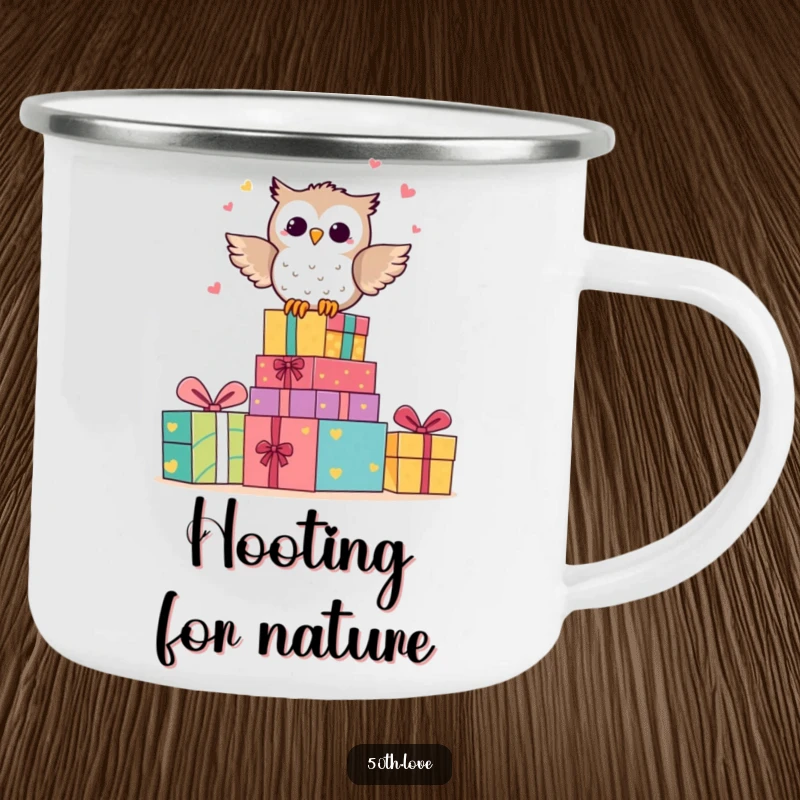 Funny camping mug with a happy owl character hooting on colorful anniversary presents.