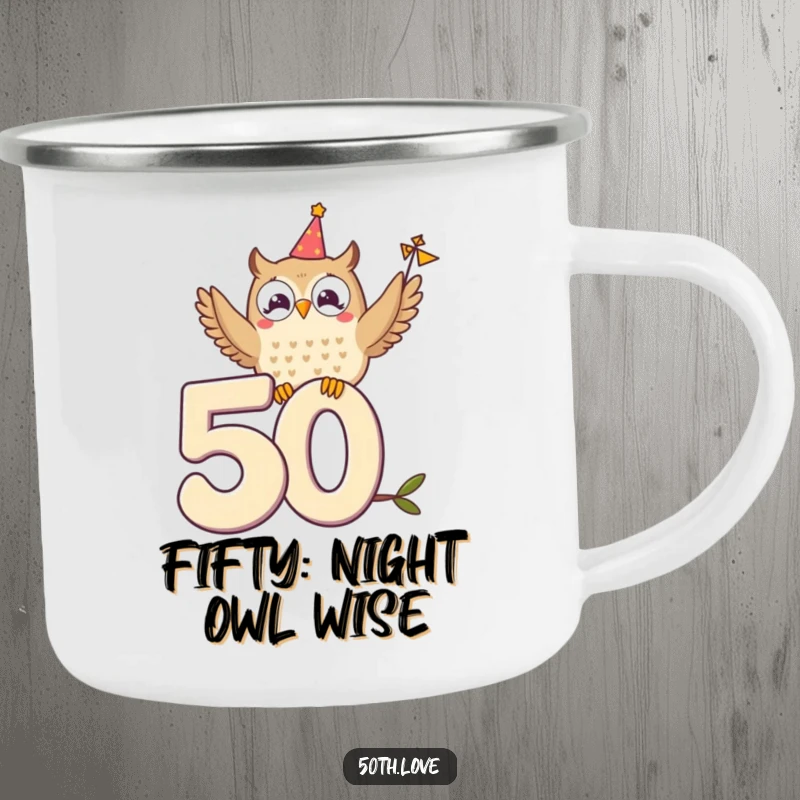 Funny camping mug featuring a delighted owl perched on the number 50, waving a small festive banner.