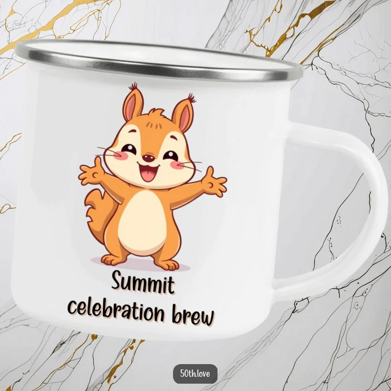 Funny camping mug showcasing a cheerful squirrel in a celebratory pose, ready for outdoor escapades.