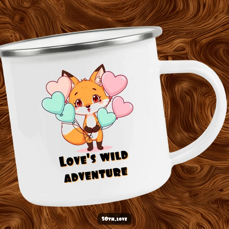 Funny birthday camping mug with a surprised fox holding heart-shaped balloons, perfect for outdoor celebrations and coffee lovers.
