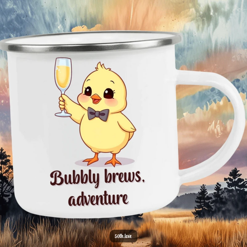 Funny chick camping mug with a bow tie, bouncing and holding a champagne flute, perfect for outdoor celebrations.