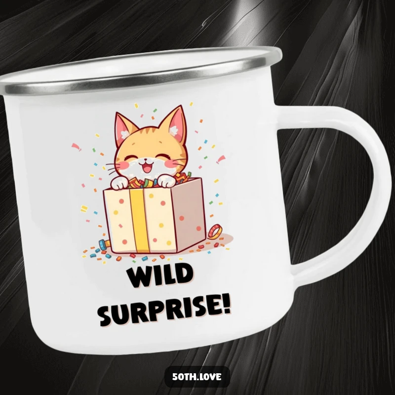 Funny camping mug depicting a cheerful cat character excitedly opening a giant gift box filled with confetti.