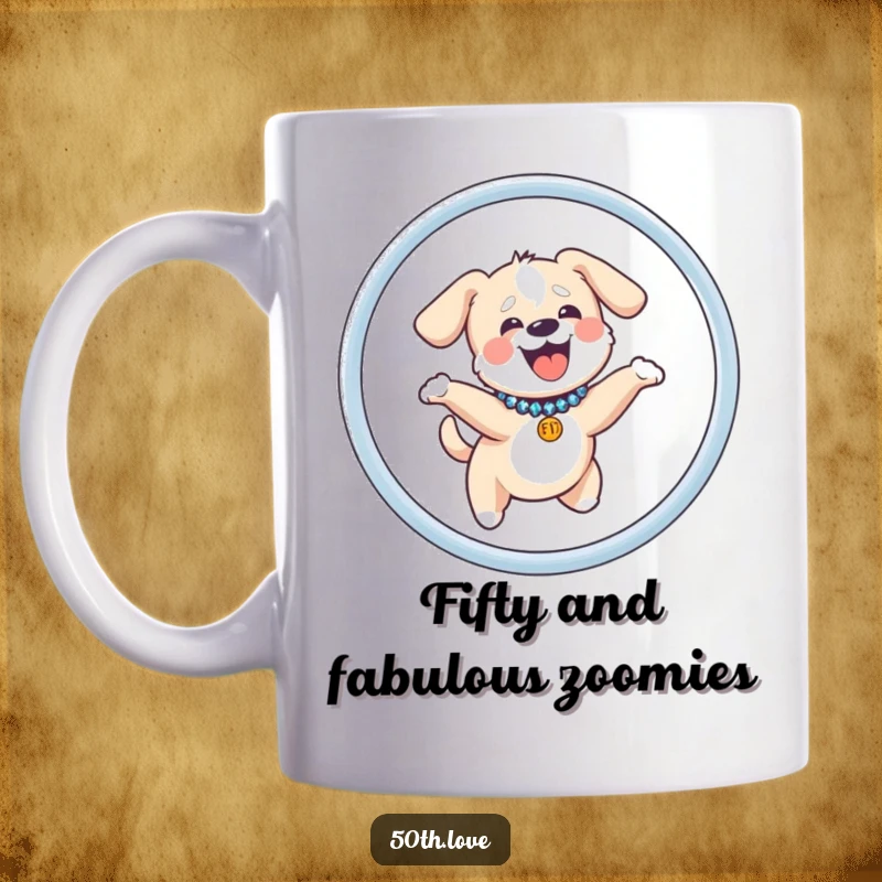 Funny dog mug featuring a giggling pup in a sequined collar, joyfully jumping through a golden hoop shaped like fifty.
