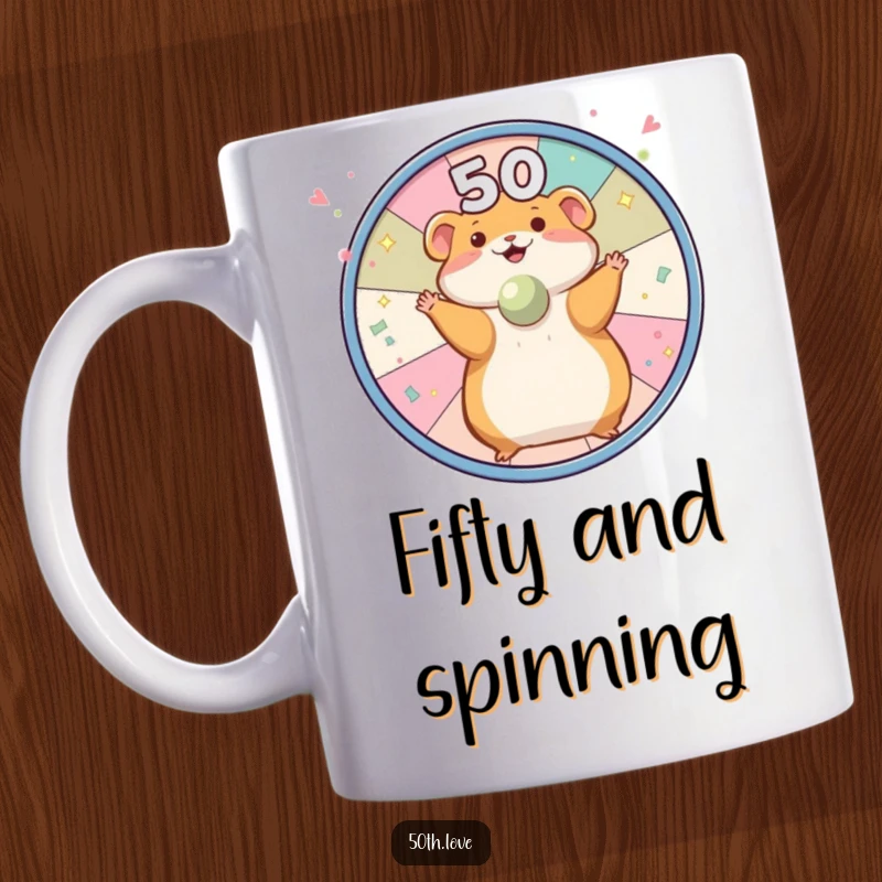 Funny joyful hamster spinning a wheel adorned with confetti and the number 50 on a mug, celebrating a festive 50th birthday.