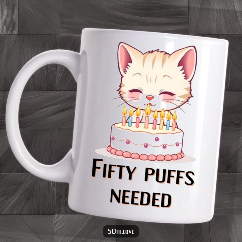 Funny 50th birthday mug featuring a smiling kitten trying to blow out fifty tiny candles on a small cake, showing comical determination.
