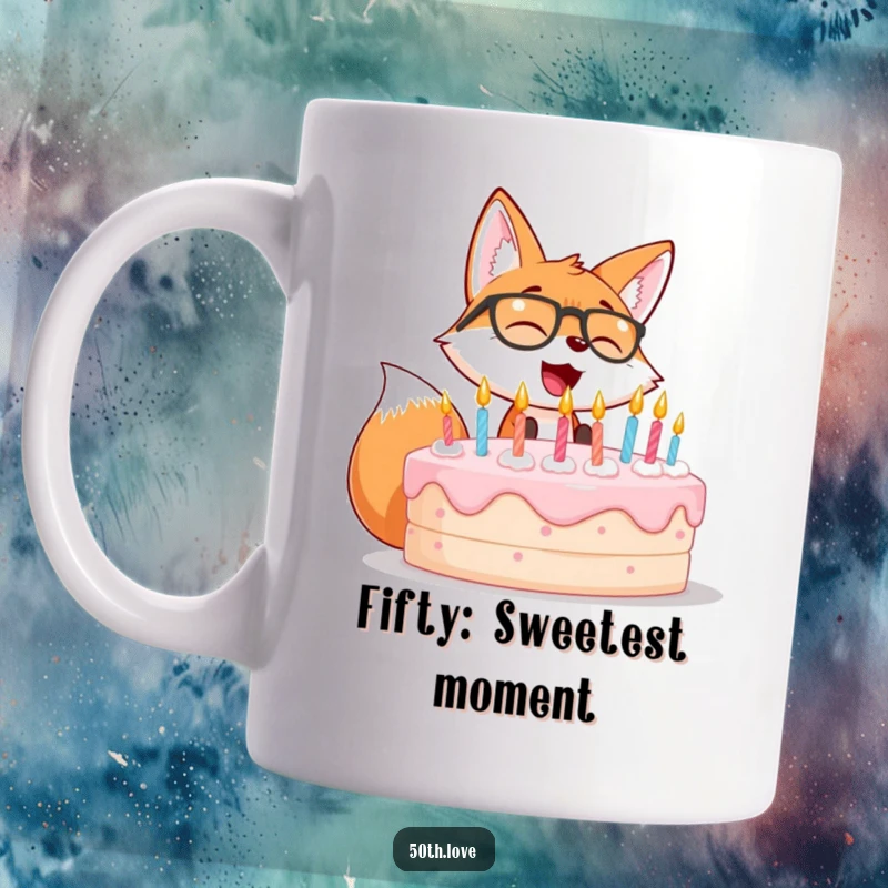Funny mug featuring a giggling fox wearing spectacles, blowing out candles on a huge birthday cake.