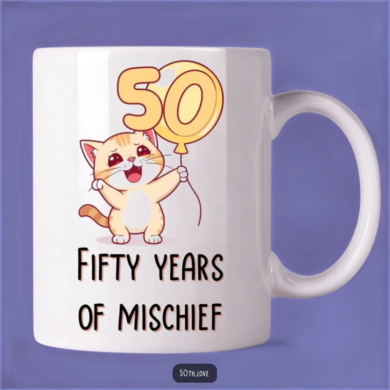 Funny Cat 50th Birthday Mug - Mischievous Balloon Batting Cat Gift