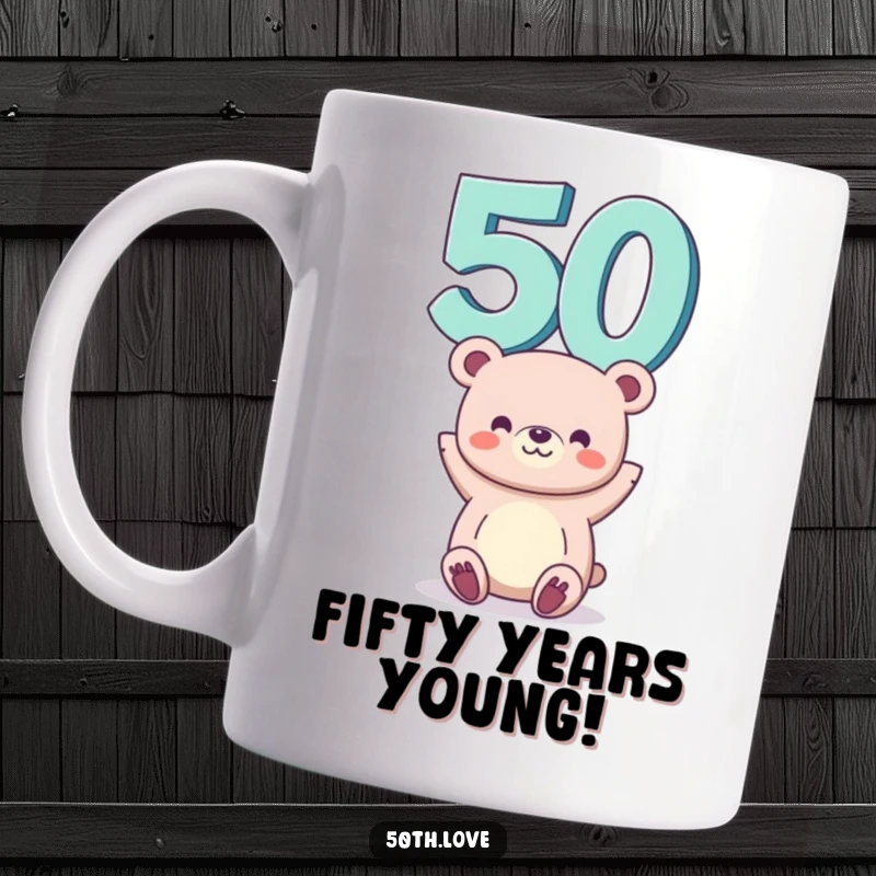 Funny 50th birthday mug with a happy bear balancing the number 50 on its head, symbolizing a joyful milestone celebration.