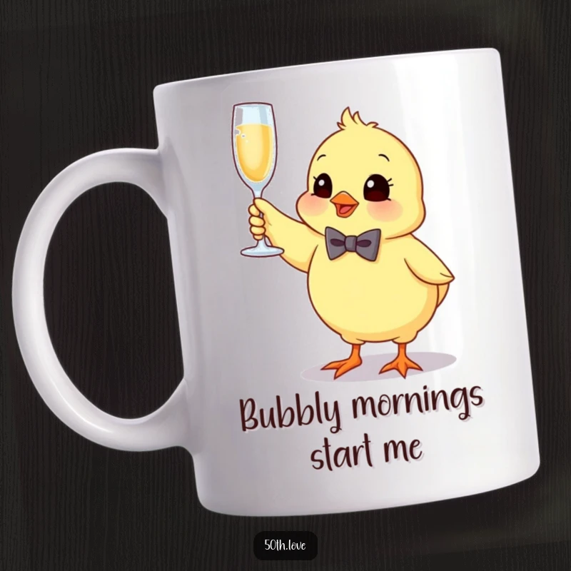 Funny chick mug with a tiny bow tie, bouncing with excitement while holding a sparkling champagne flute aloft.