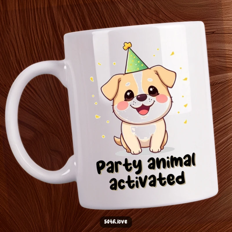 Funny 'Party Dog' Mug: A smiling, round dog in a sparkly hat juggles golden confetti with joyful energy.