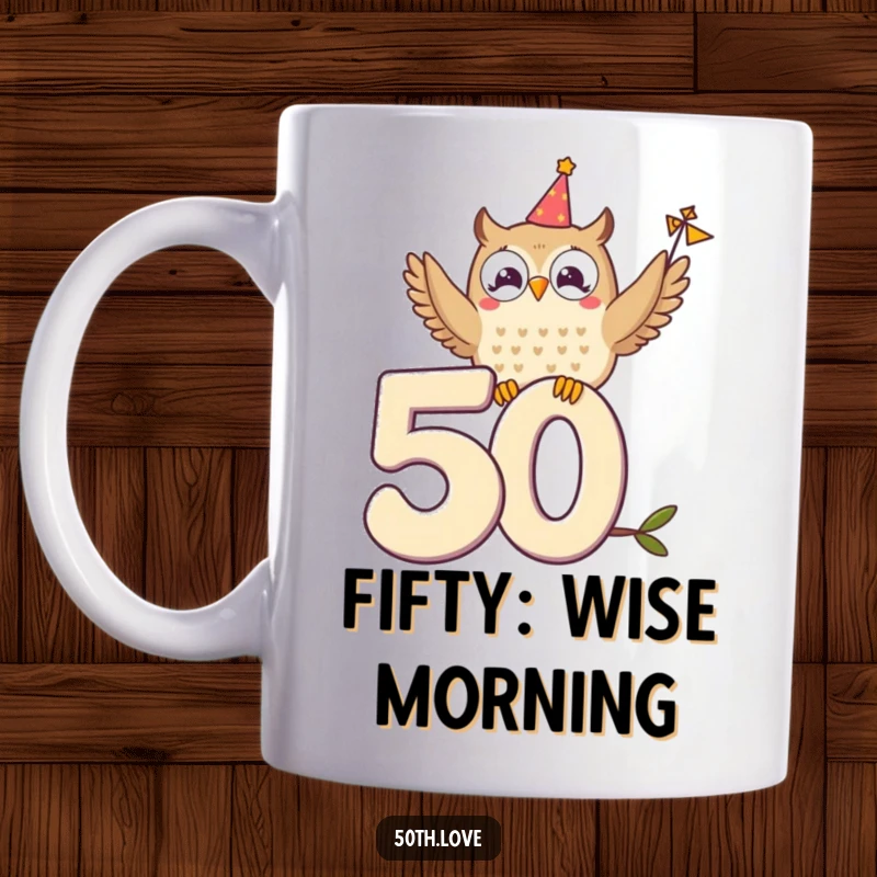 Funny mug featuring a delighted owl perched on the number 50, waving a small festive banner.