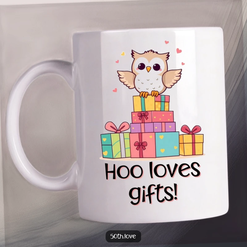 Funny mug featuring a happy owl character sitting atop a stack of colorful anniversary presents, hooting joyfully.