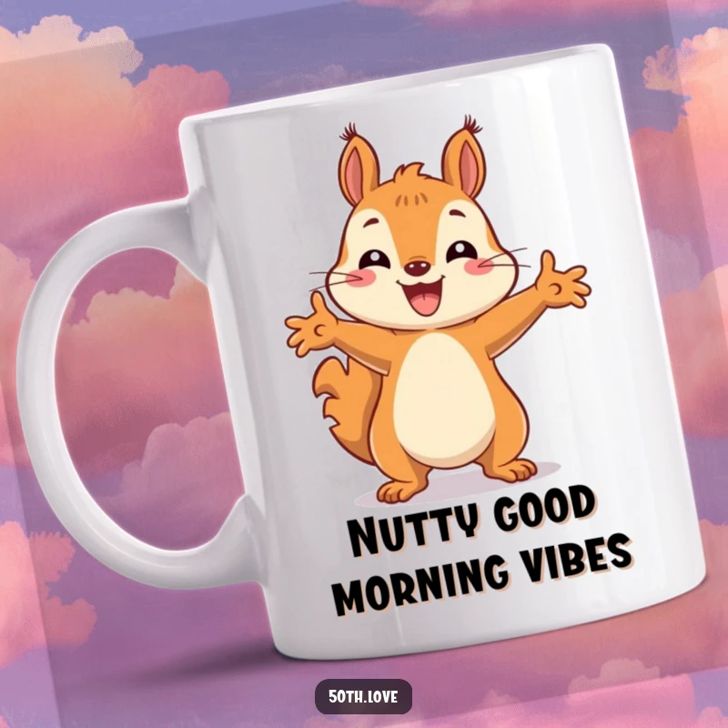 Funny mug featuring a happy squirrel with outstretched paws in a celebratory pose, radiating joy and excitement.