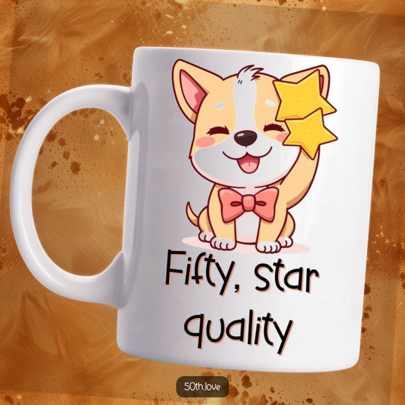 Funny contented dog wearing a bow tie, winking and holding up a golden star on a mug, celebrating a star birthday.