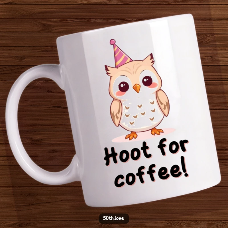 Funny 'Party Owl' Mug: A cheerful owl with big eyes excitedly toots a tiny, colorful party horn.