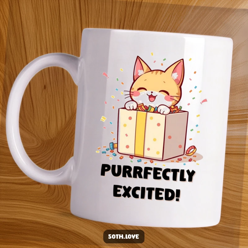 Funny mug showing a cheerful cat character bursting with excitement while unwrapping a giant gift box full of confetti.