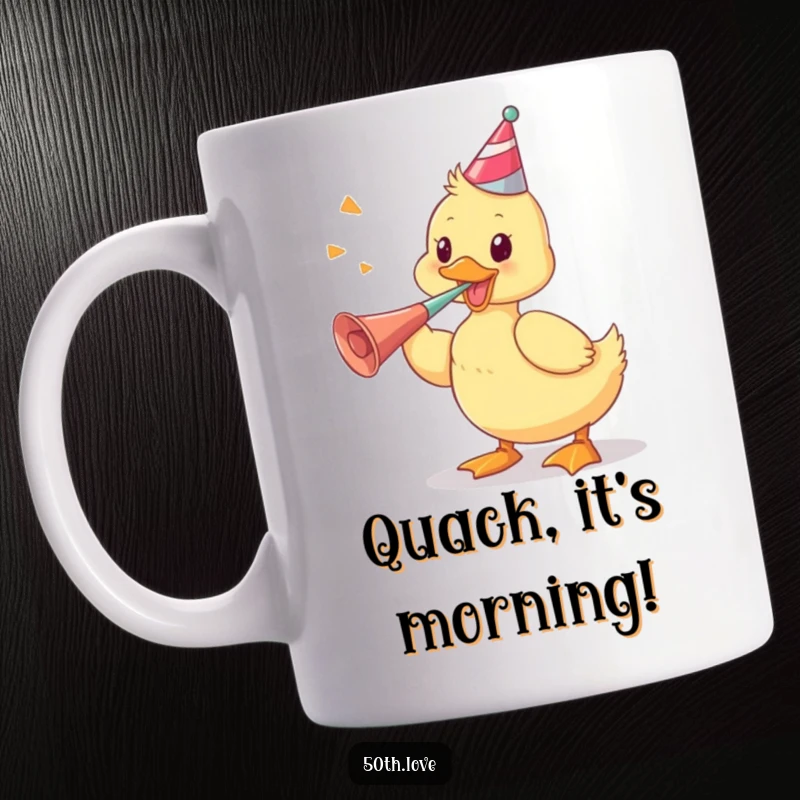 Funny duckling mug with a playful duckling enthusiastically blowing a party horn, symbolizing fun and noisy celebration.