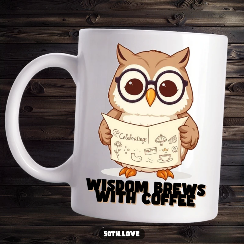 Funny owl mug with spectacles, contentedly reading a scroll filled with celebratory drawings and festive patterns.