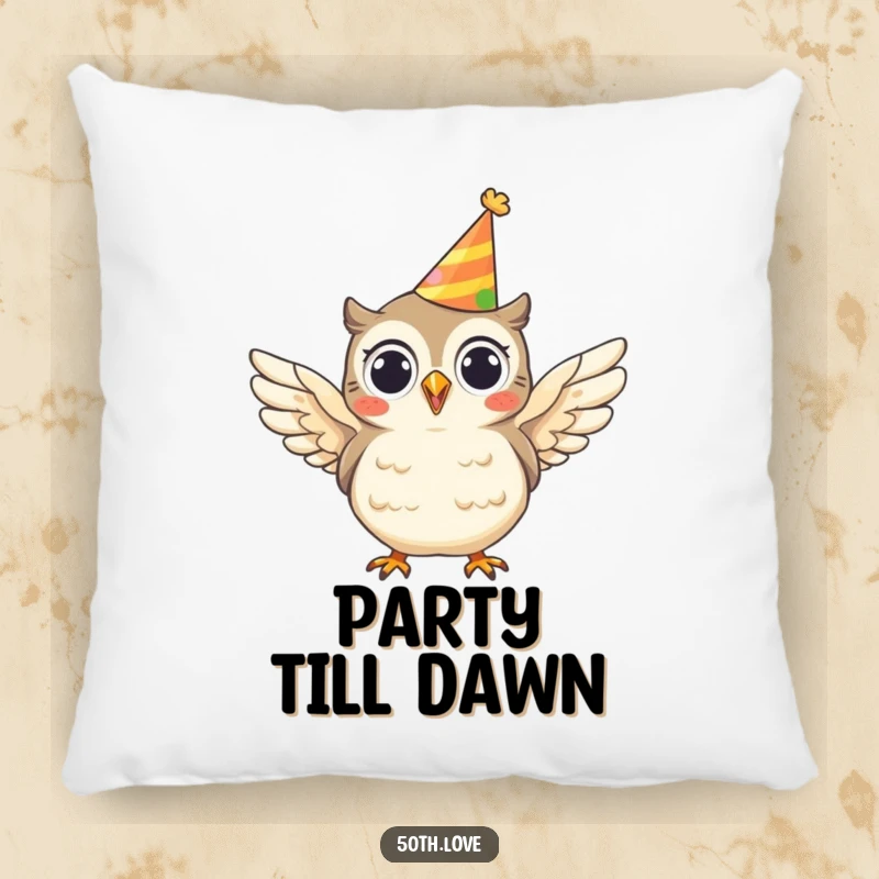 Funny pillow featuring a cheerful owl wearing a party hat and flapping its wings, perfect for cozy and festive decor.