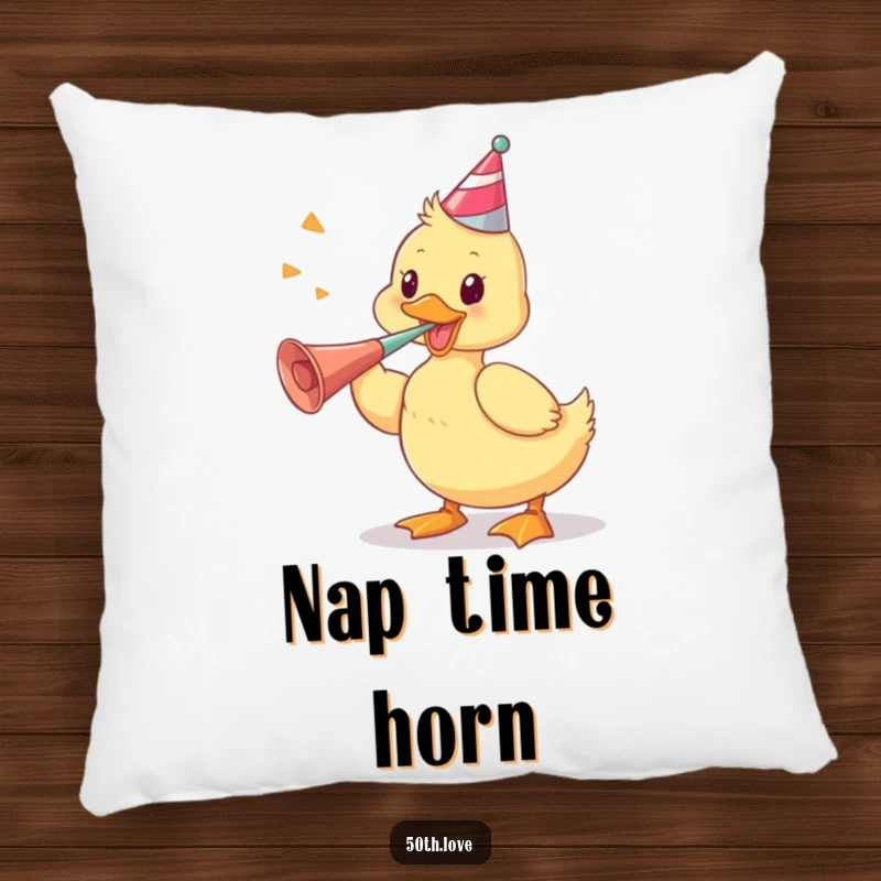 Funny pillow featuring a playful duckling vigorously blowing a party horn, perfect for cozy and festive decor.