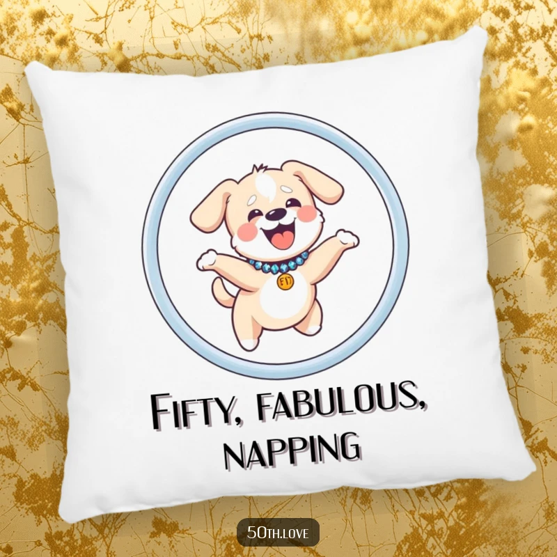 Funny dog pillow showcasing a small, giggling dog in a sequined collar, jumping enthusiastically through a hoop with the number 50.